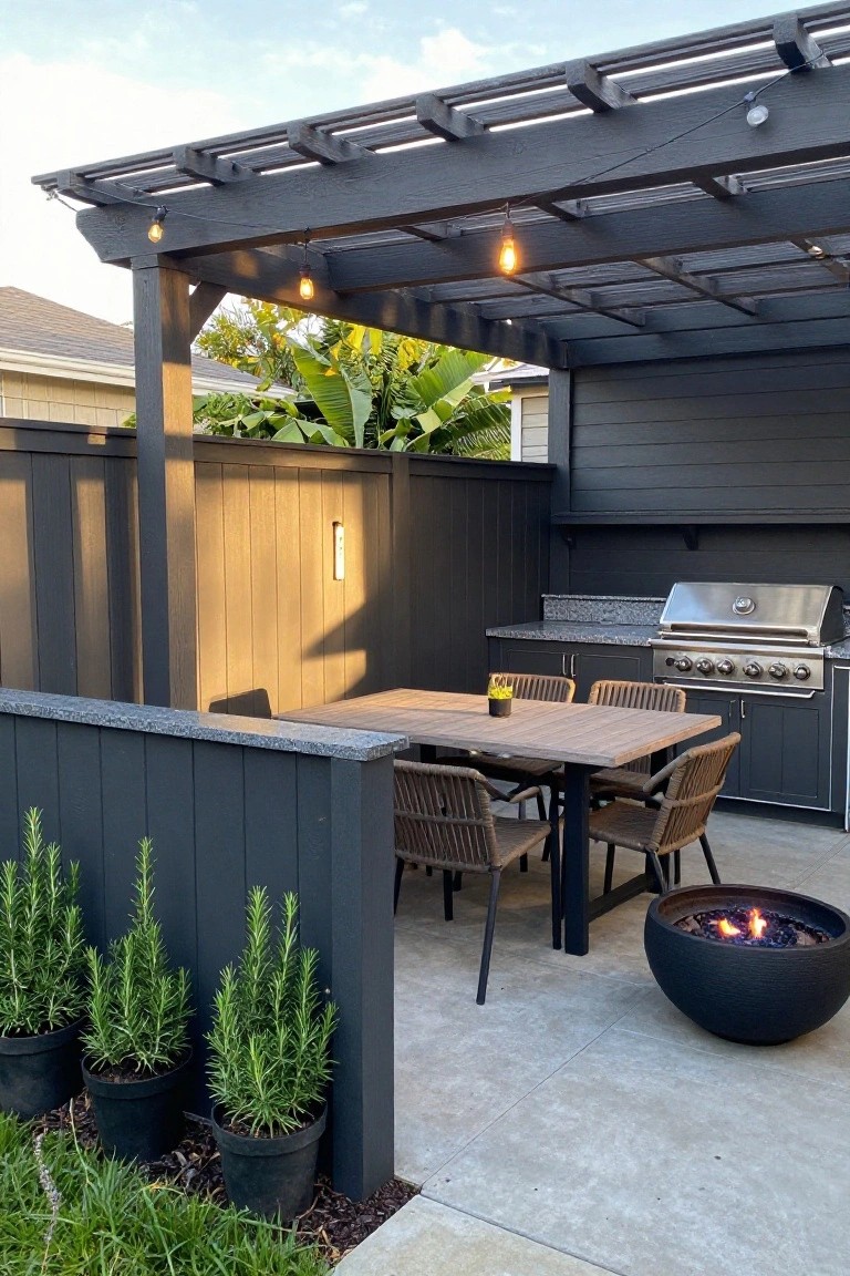 Dark pergola-covered patio with dining table, grill kitchen, fire pit, and plants