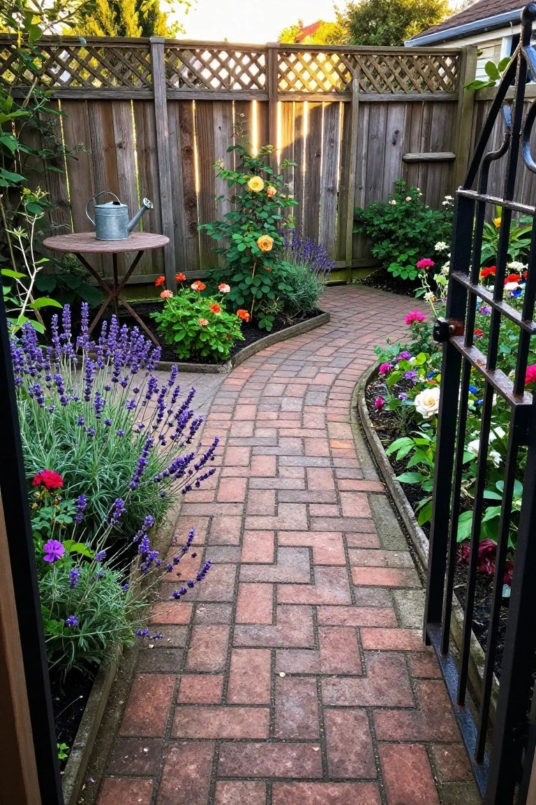 A brick garden path curves past flower beds toward a wooden fence with lattice panels along the top.