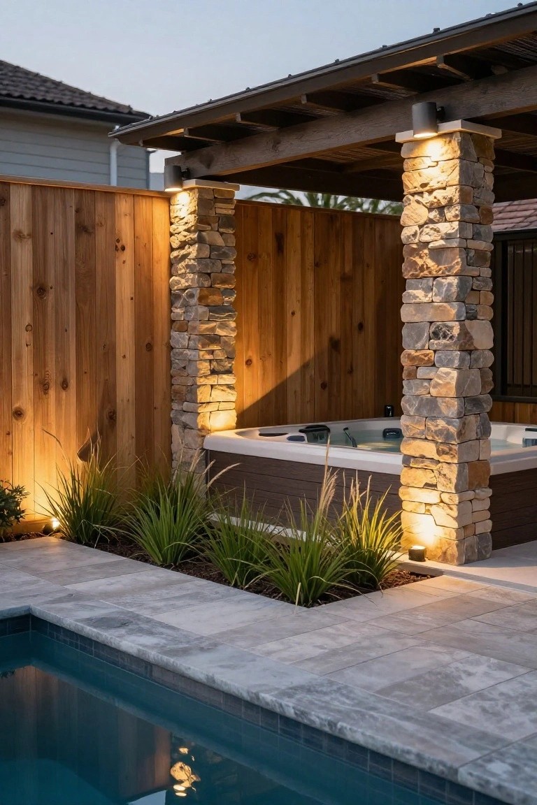A wooden fence encloses a pool and hot tub area with stone pillars, lighting, and plants along the base.