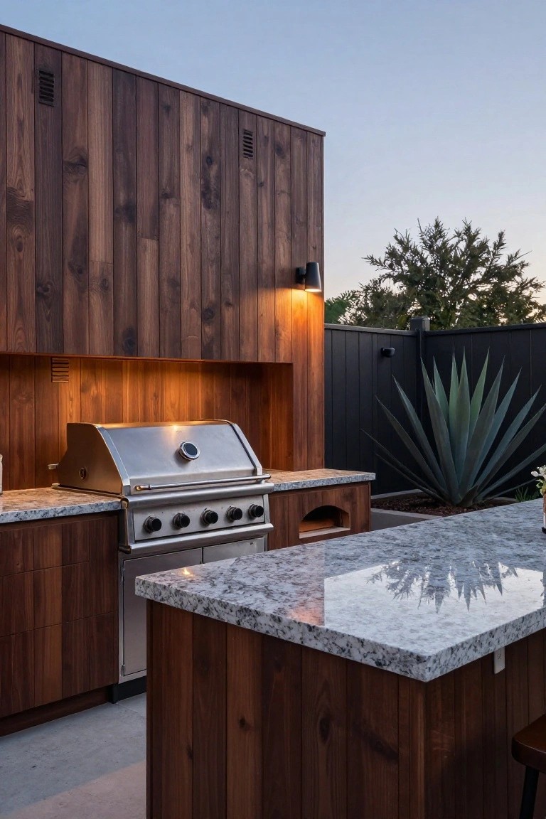 Outdoor kitchen with stainless steel grill, wood cabinets, and granite counters positioned in front of a tall dark wood fence.