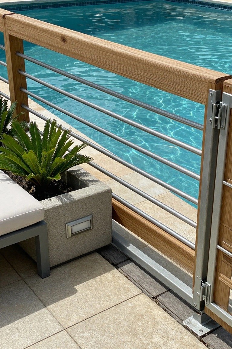 Wooden and metal pool railing with gate beside concrete planter and blue water