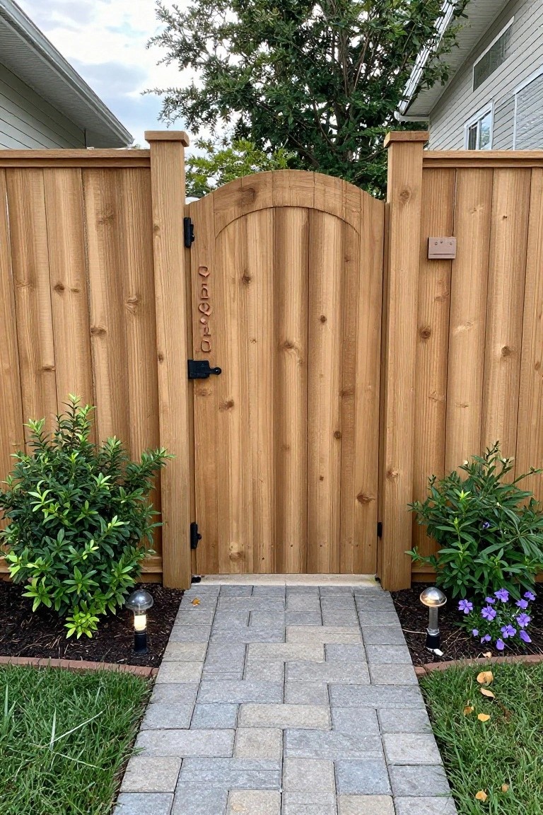 A wooden fence with an open arched gate and a gray stone path running through it, flanked by shrubs and two small lights.
