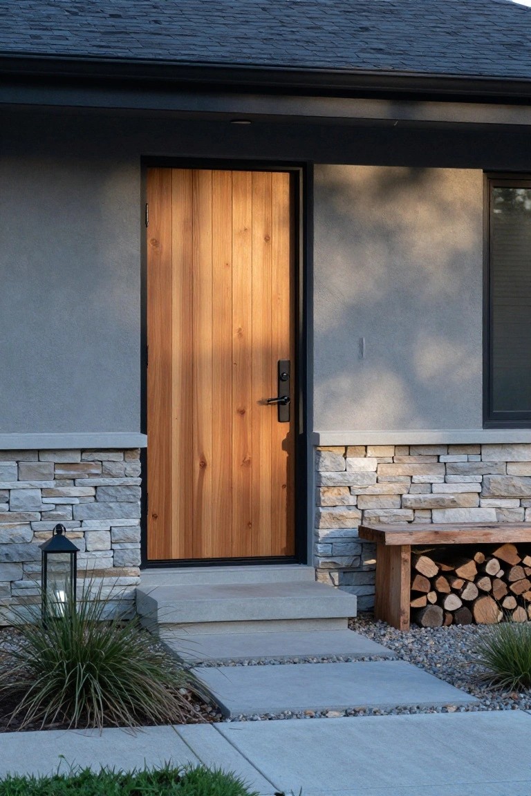 A light brown wooden front door with vertical grain set in a black frame on a house exterior with stone siding and concrete steps.
