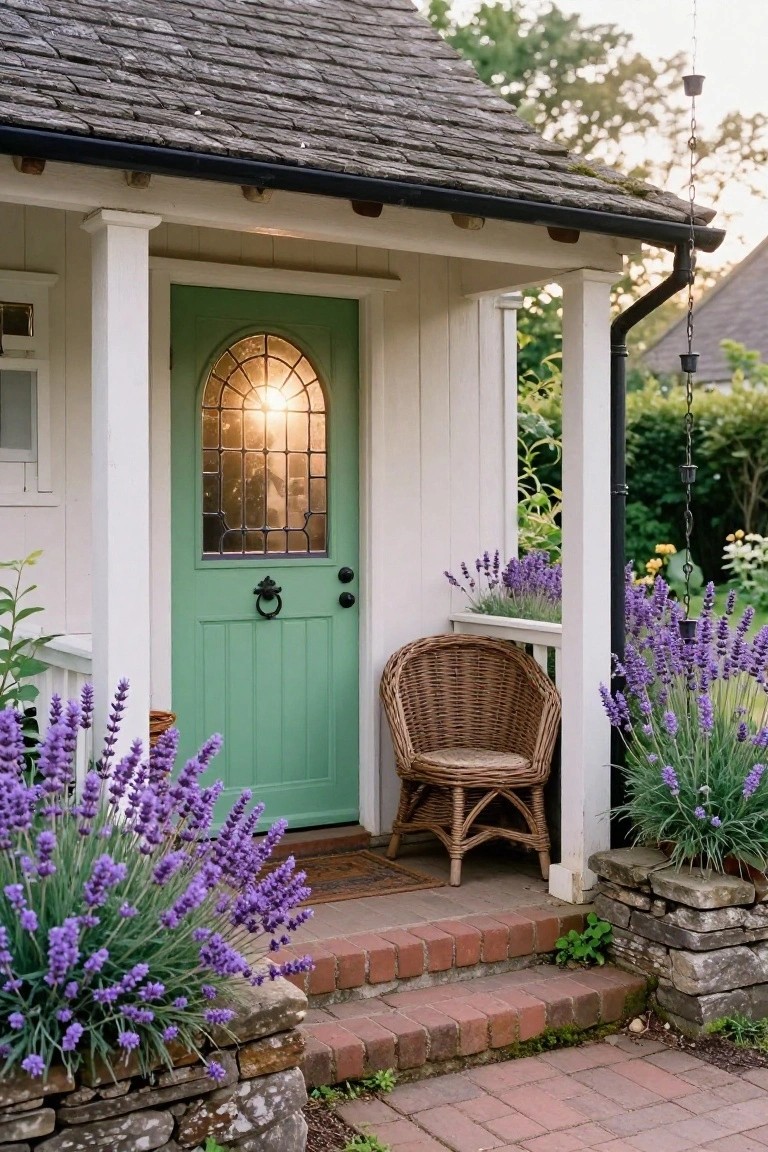 A white house exterior with a green wooden main door that has an arched glass panel, a wicker chair on the porch, and purple flowers beside the brick steps.