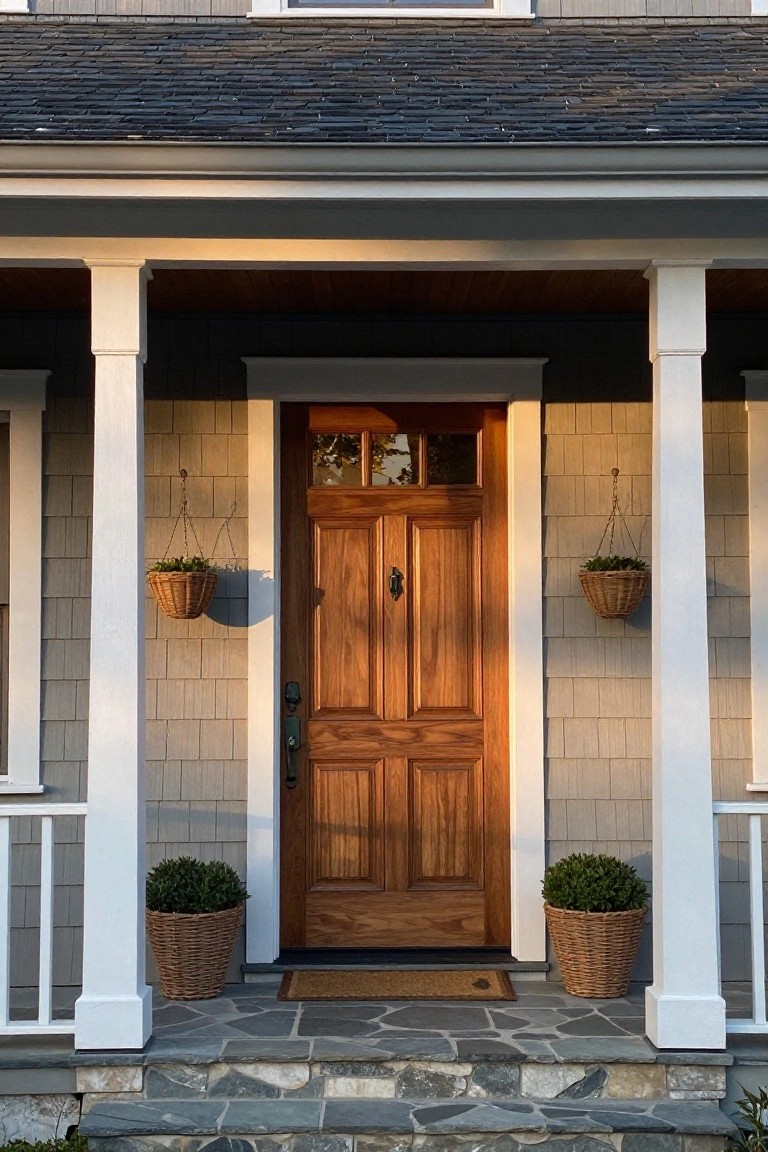 A wooden front door with upper glass panels centered between white columns on a house porch with hanging baskets and potted plants.