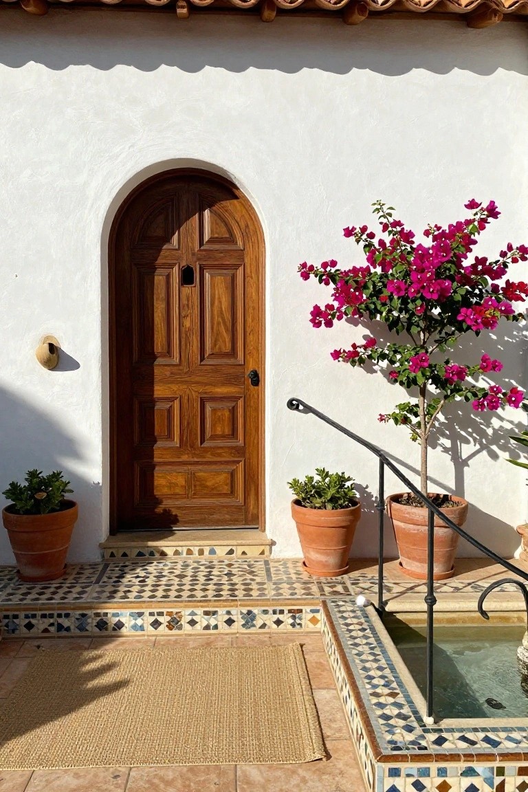 A dark wooden door centered in an arched opening on a white stucco wall, with potted plants and a small tiled fountain nearby.