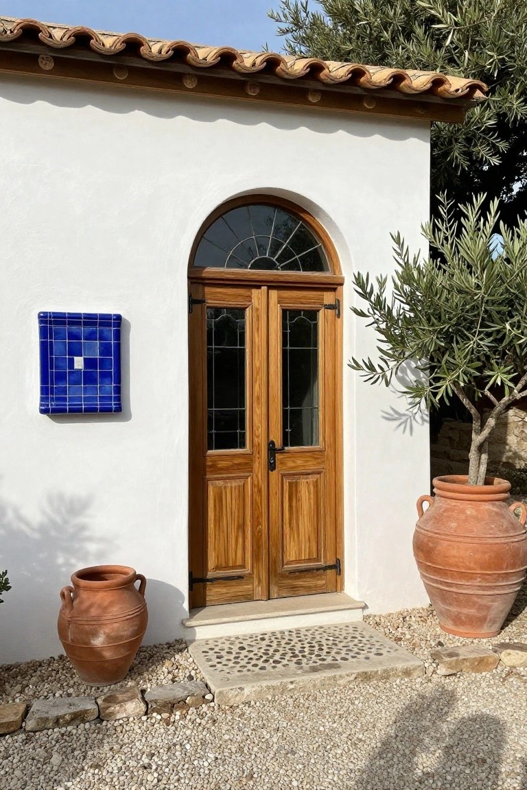 A white stucco house exterior with a pair of wooden double doors under an arched transom, set on a gravel surface beside two terracotta pots.