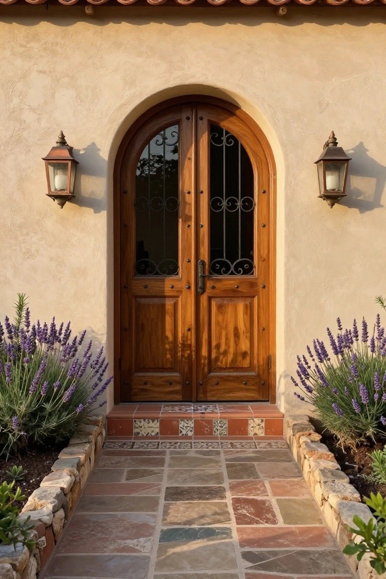 A pair of arched wooden double doors with decorative iron grilles set in a stucco wall, flanked by wall lanterns and lavender plants with a stone pathway in front.