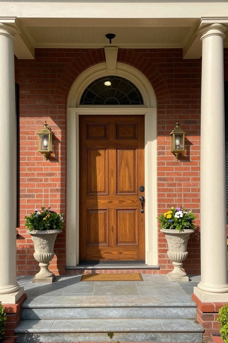 A wooden six-panel front door centered under an arched transom window in a red brick facade, flanked by two brass lanterns and two stone planters holding flowers on a stone porch.