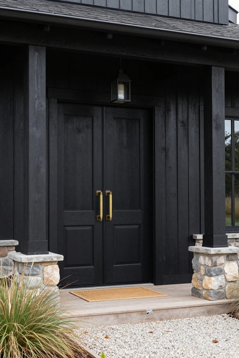 A set of dark wooden double doors with gold handles on a black house exterior, flanked by stone pillars and a small doormat.