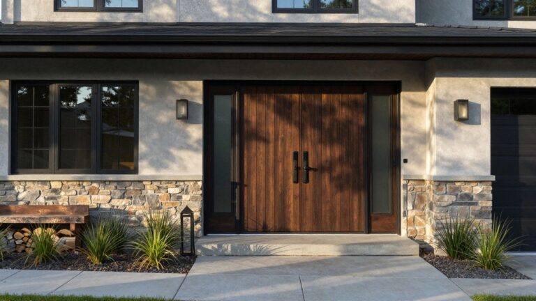 20 Stunning Wooden Main Door Designs for Grand and Welcoming Entrances A light brown wooden front door with vertical grain set in a black frame on a house exterior with stone siding and concrete steps.