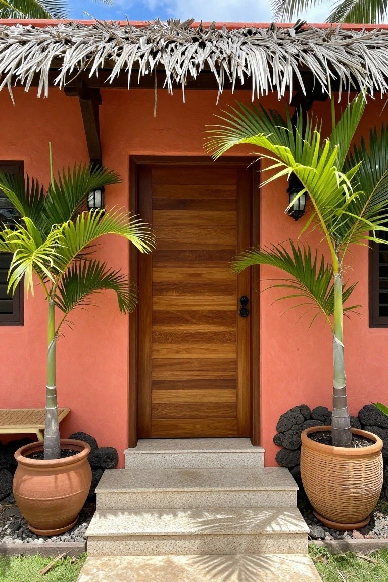 A wooden front door centered on an orange stucco house with two potted palm trees flanking the steps and a thatched roof overhang above.