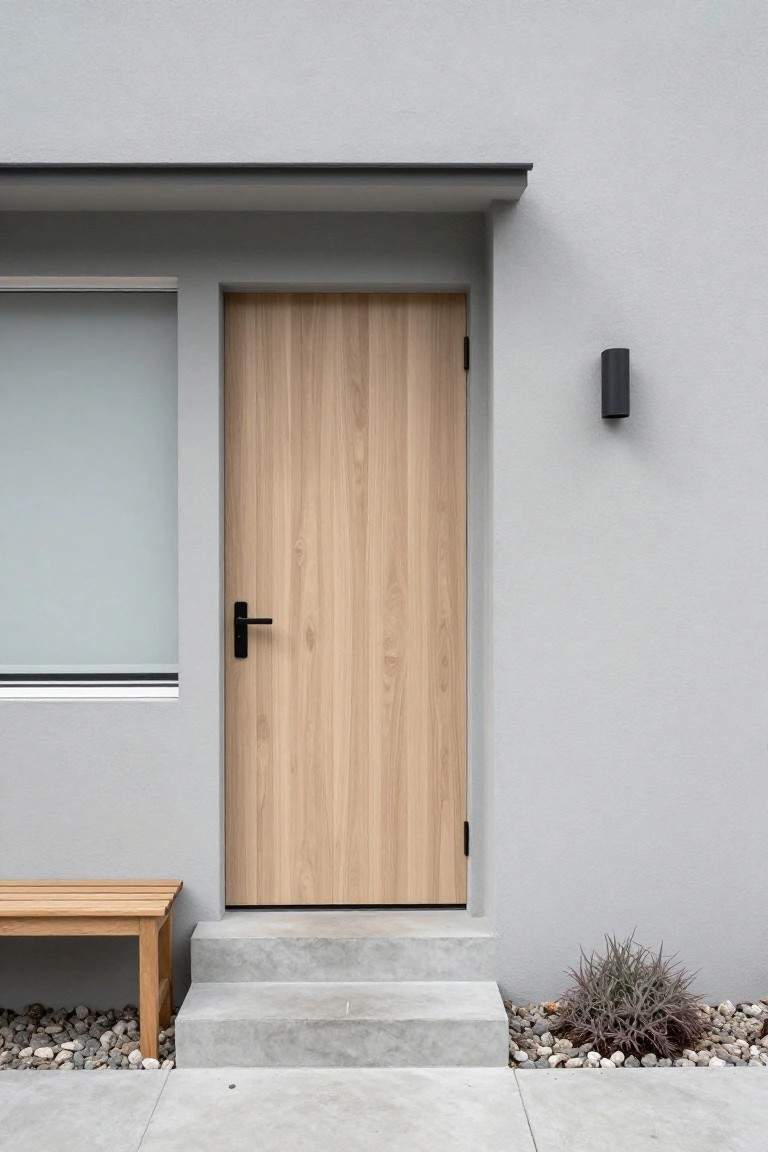 A light wooden front door with vertical grain and black handle installed in a recessed gray exterior wall, with two concrete steps leading up to it.