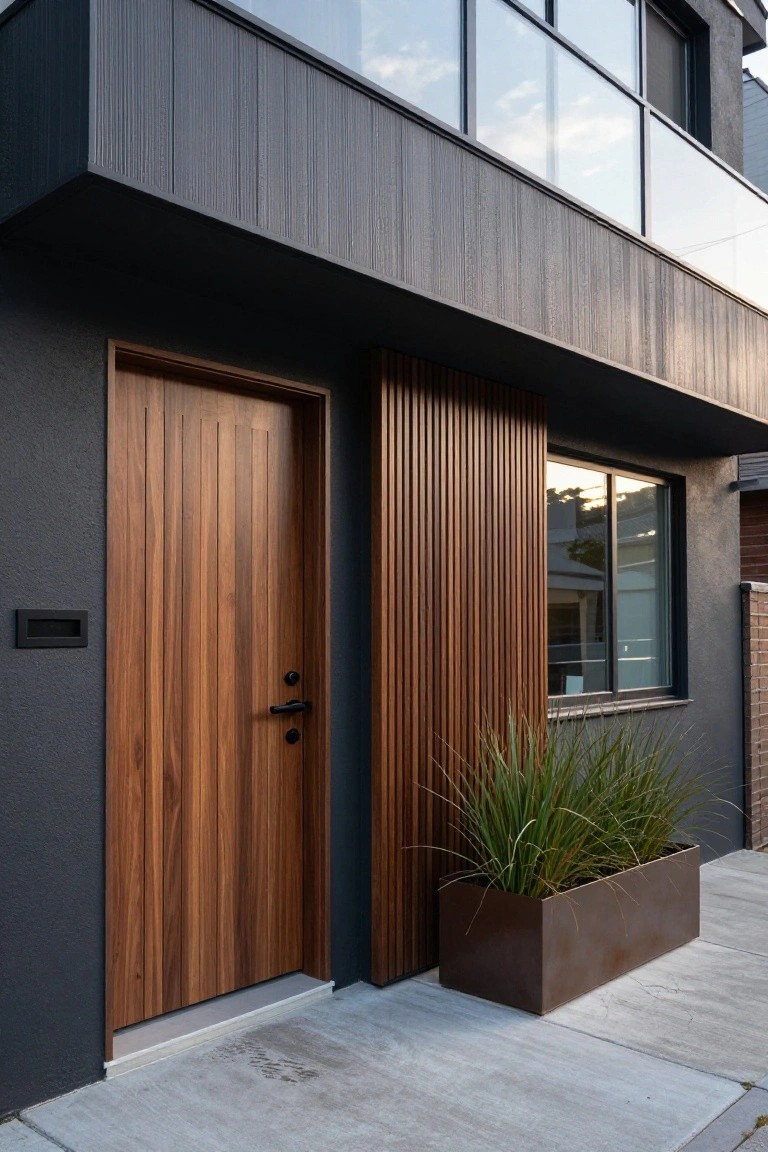 A modern house exterior shows a tall wooden door with vertical grain next to matching vertical wood slats, a large window, and a metal planter with tall grass on a concrete path.