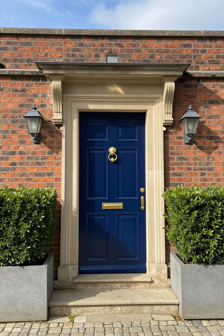 A blue six-panel wooden door with brass hardware, set in a stone surround on a red brick wall, flanked by two wall lanterns and gray planters with green shrubs.