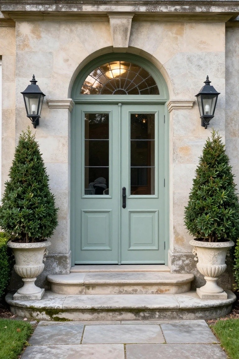 A pair of sage green double wooden doors with glass panels set under a stone arch, flanked by black lanterns and potted topiary in stone urns.