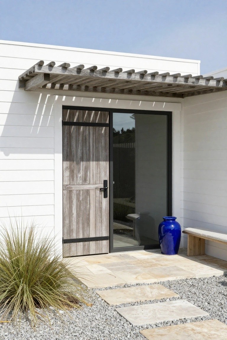 A white house exterior features a rustic wooden door with black hardware beside a glass door, under a wooden pergola, with stone pavers, gravel, and a blue ceramic vase.