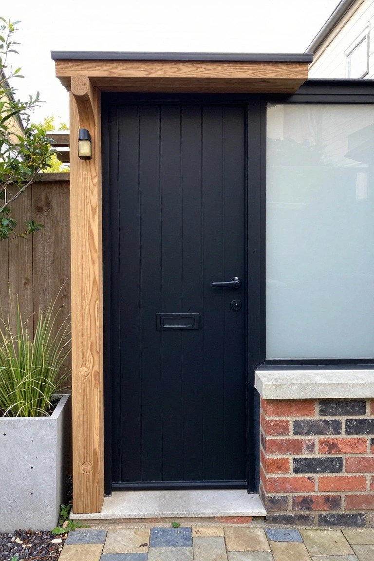 A black vertical panel front door with a wooden canopy and side post, set next to a frosted glass panel and brick base.