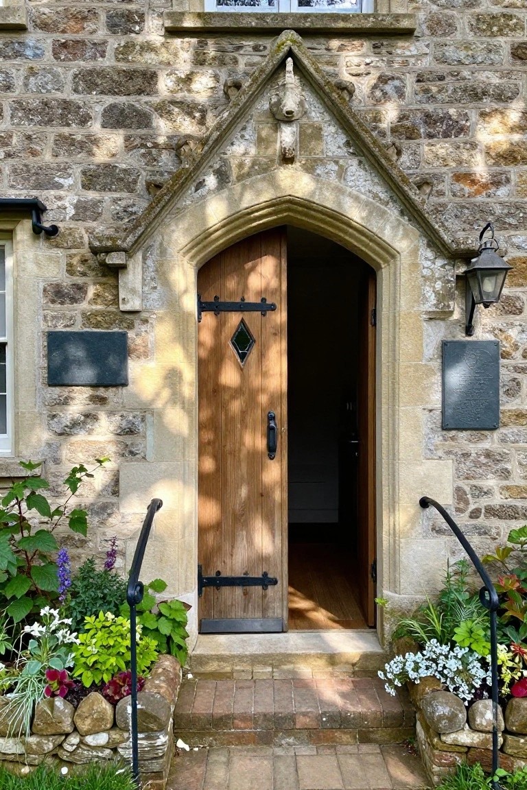 Stone building entrance with open wooden door, arched frame, plaques, and flower beds