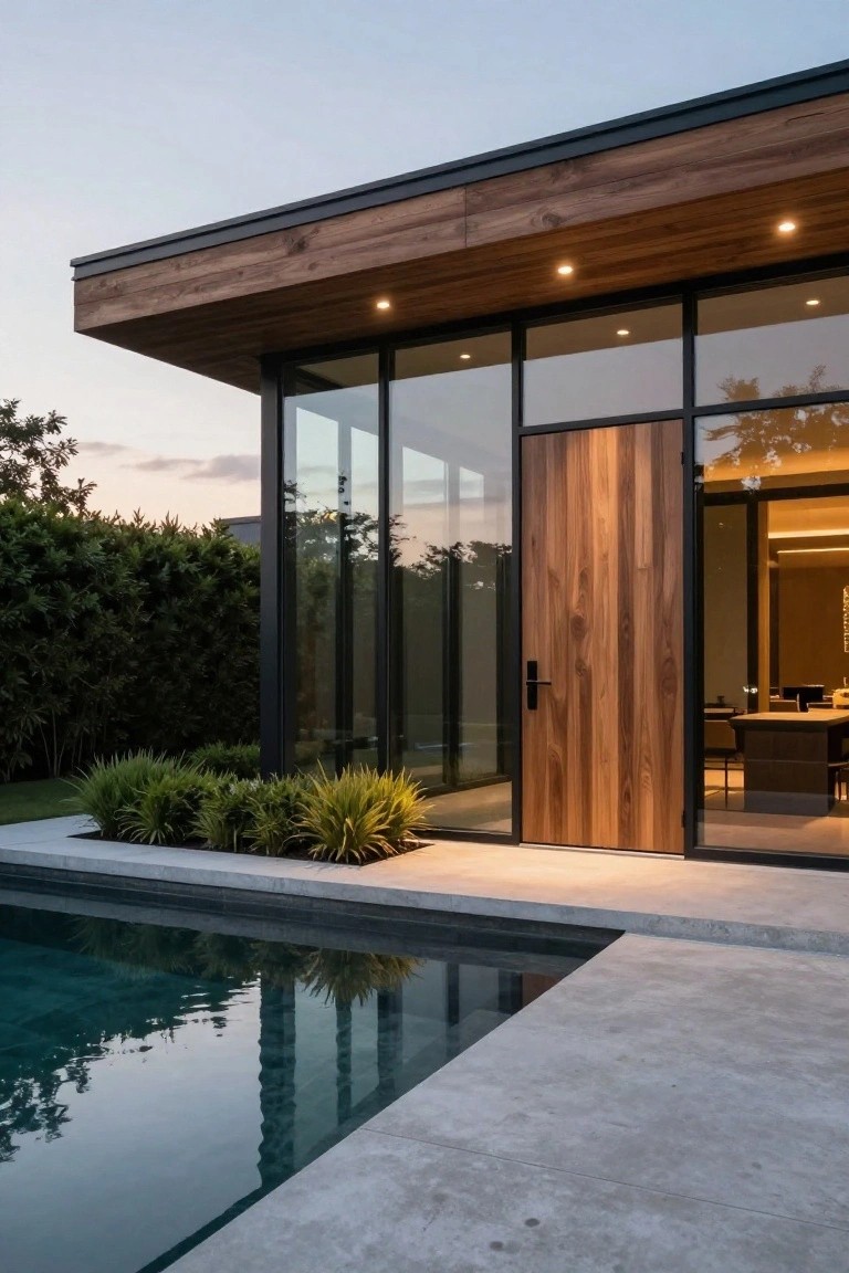 Modern home with wooden door, large glass windows, and swimming pool at dusk.