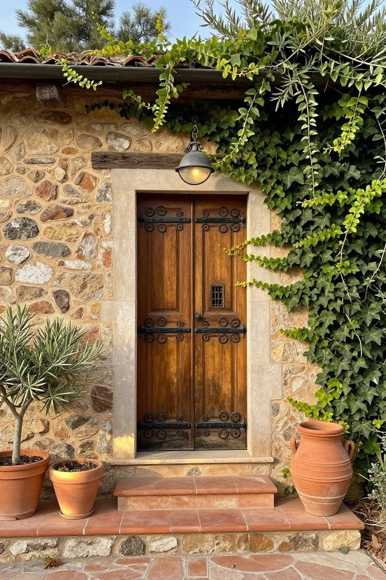 A pair of wooden double doors with black metal hardware set in a stone wall, flanked by terracotta pots and climbing vines.