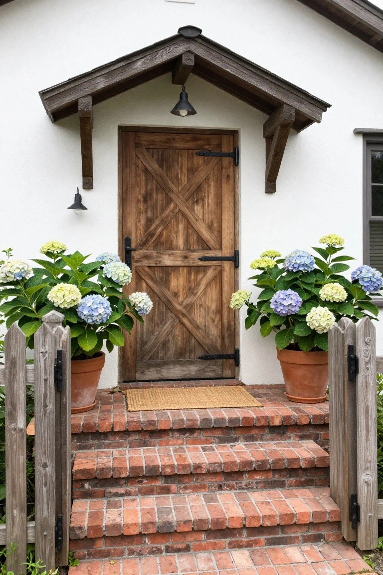 A wooden front door with black metal hardware and crossed panels on a white house, with potted plants on brick steps leading up to it.
