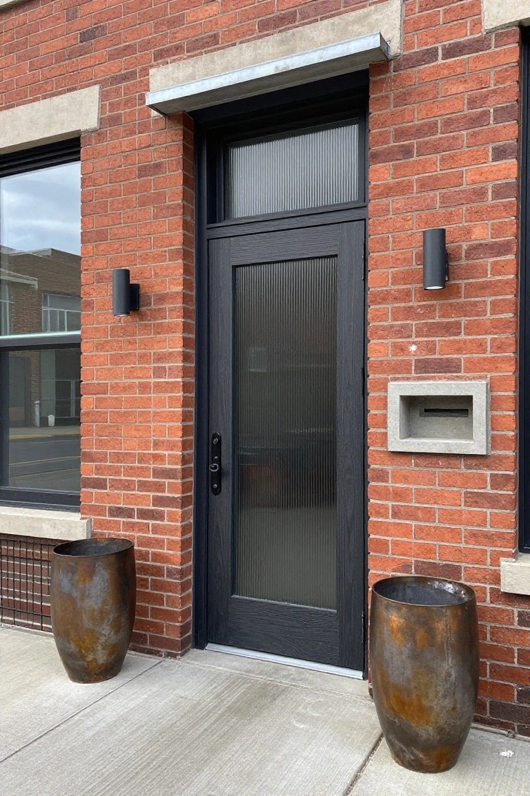 A dark wooden front door with vertical ribbed glass panels installed in a red brick exterior wall.