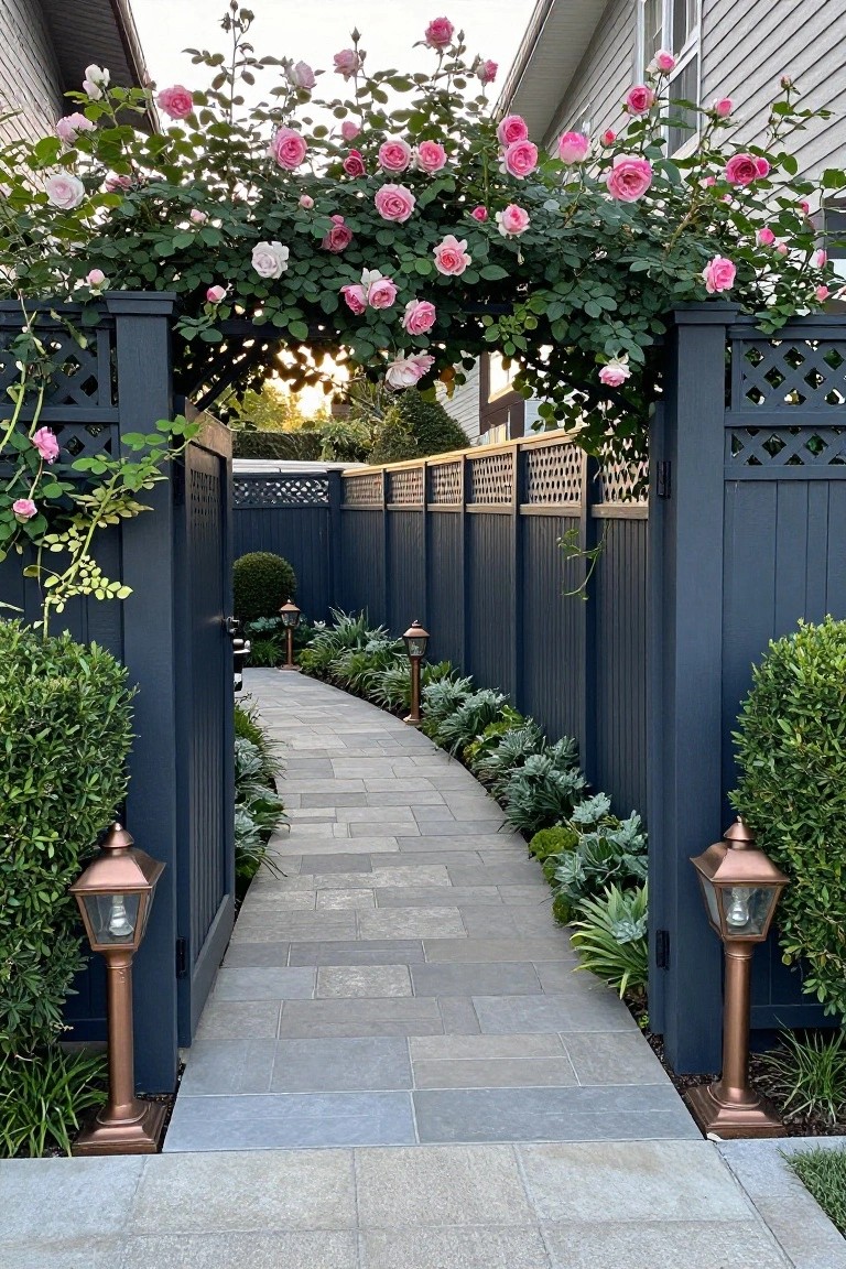 A stone path runs through an open dark wood gate with a rose-covered arch overhead, flanked by copper lanterns and garden beds.