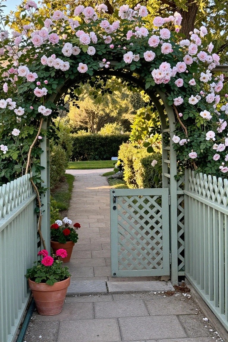 A light green wooden fence with lattice panels and an arched trellis covered in pink roses over a stone garden path with a matching gate.