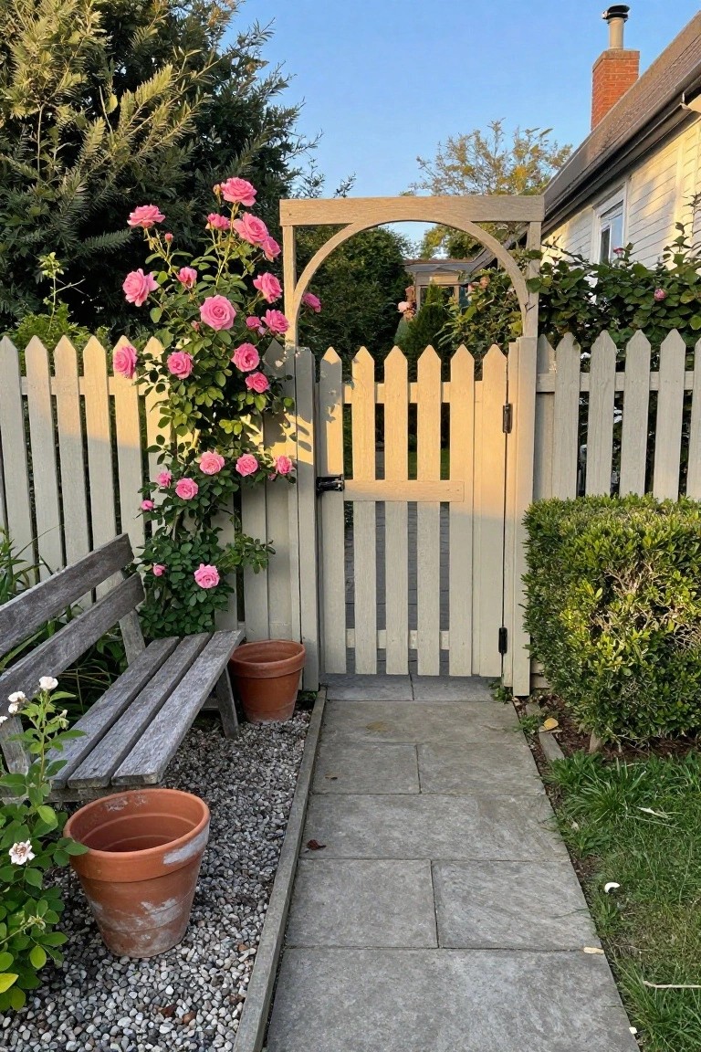 Arched wooden gate in picket fence with pink climbing roses and stone path