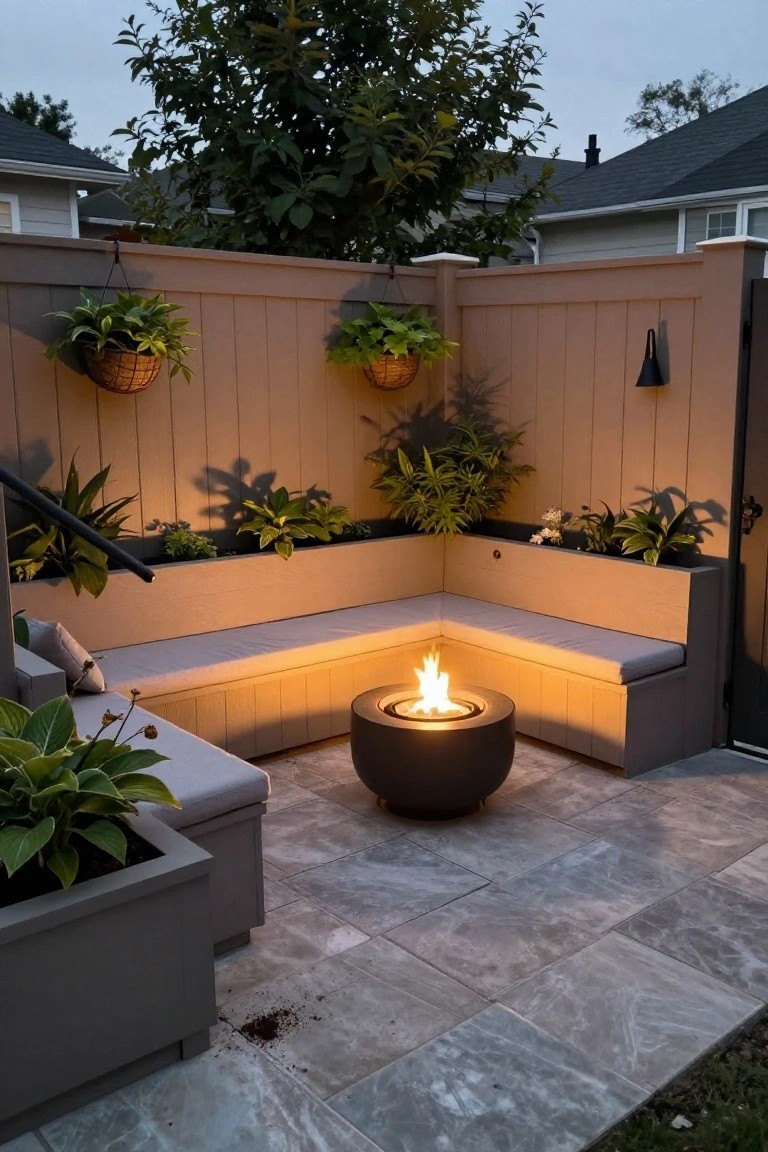 Backyard patio with a light wood fence, built-in planter boxes filled with greenery, cushioned benches, and a round fire pit on stone pavers.