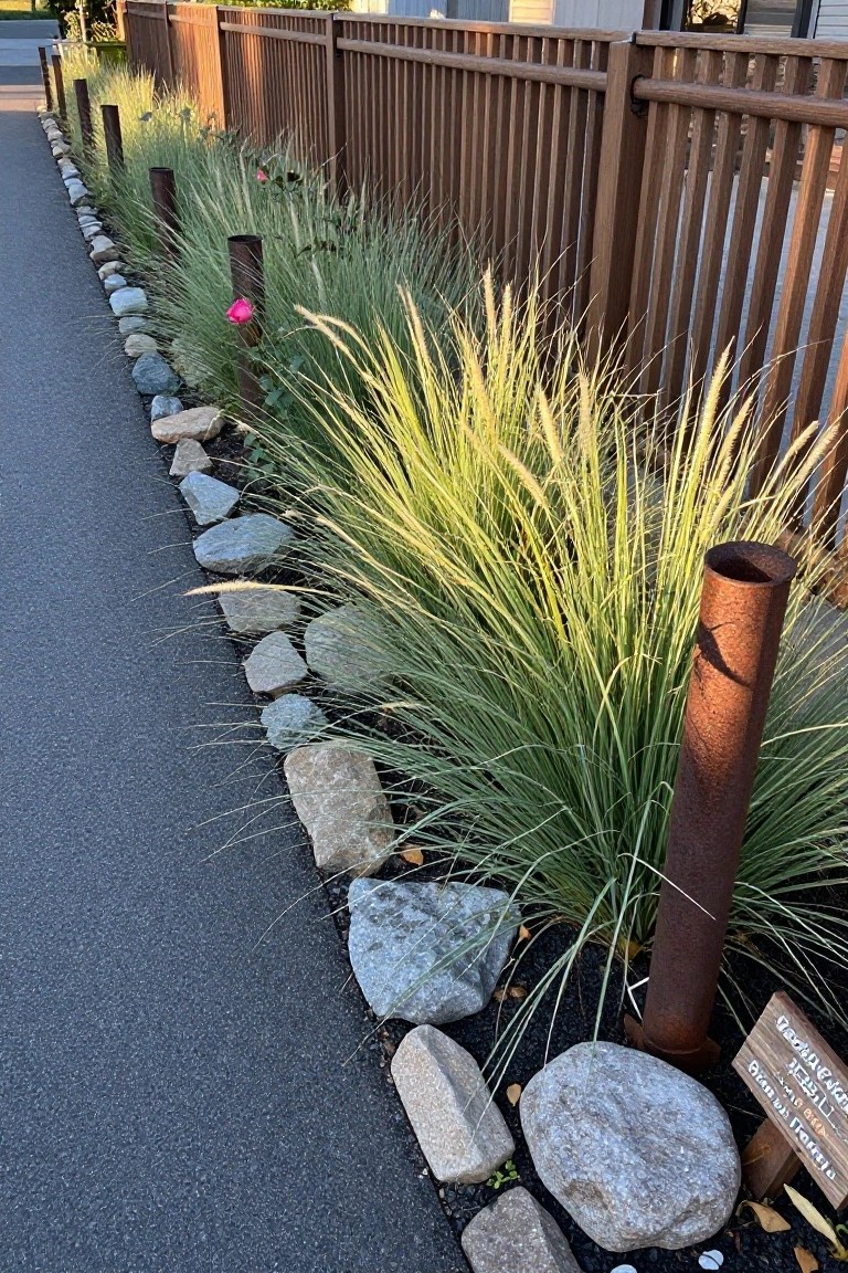 Tall ornamental grasses border a rocky garden bed beside a wooden fence.