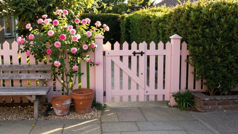 Arched wooden gate in picket fence with pink climbing roses and stone path