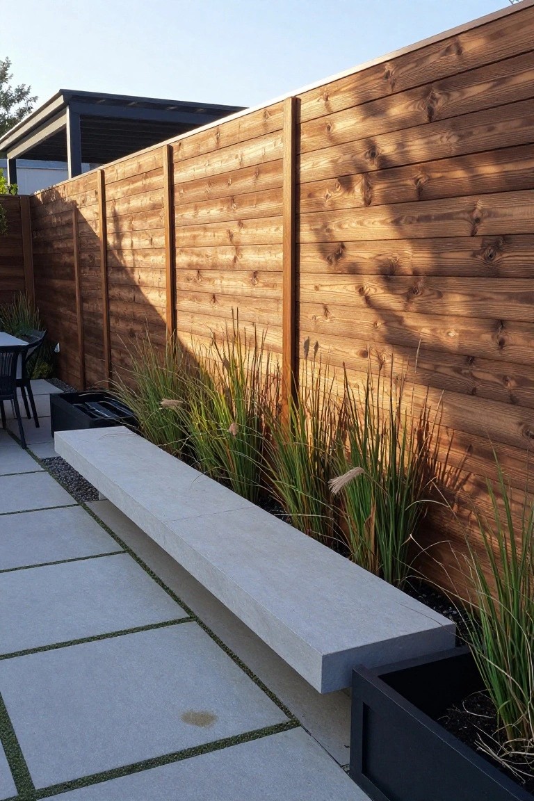 A horizontal wood fence runs along a paved patio with a long concrete bench and tall ornamental grasses planted in a narrow bed at its base.