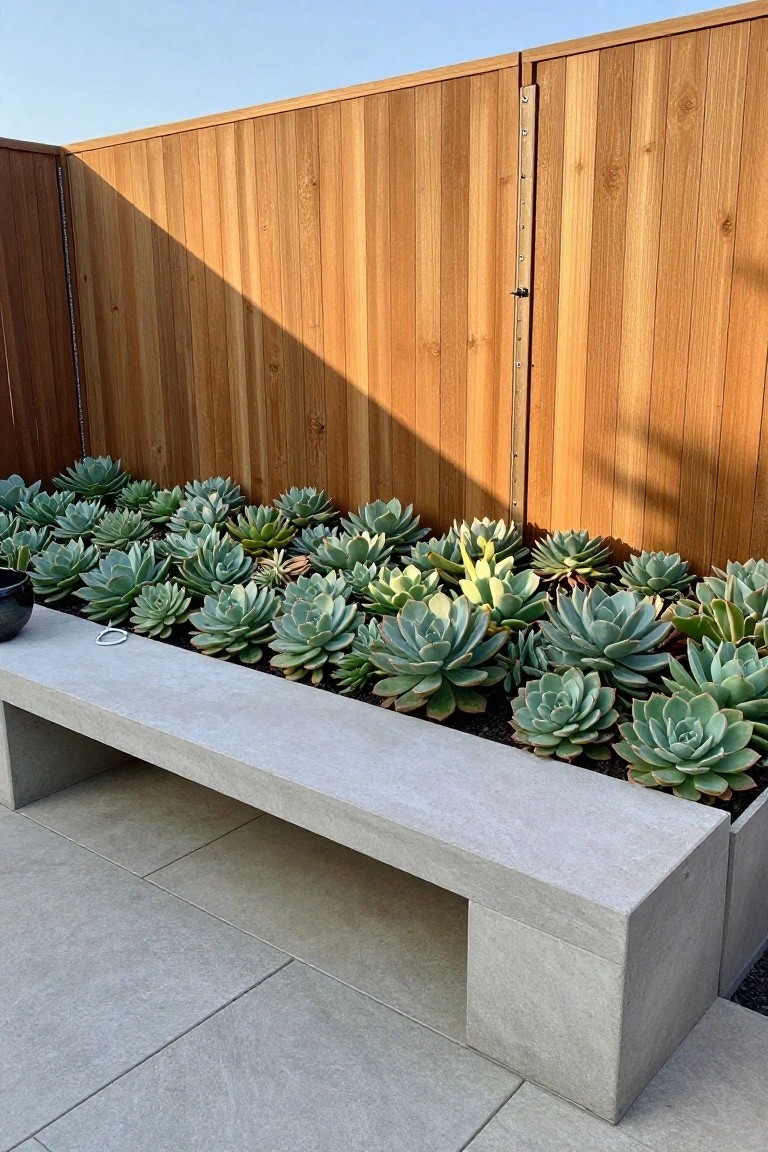 A long concrete bench forms the front of a raised succulent planter set against a tall wooden fence on a tiled outdoor surface.