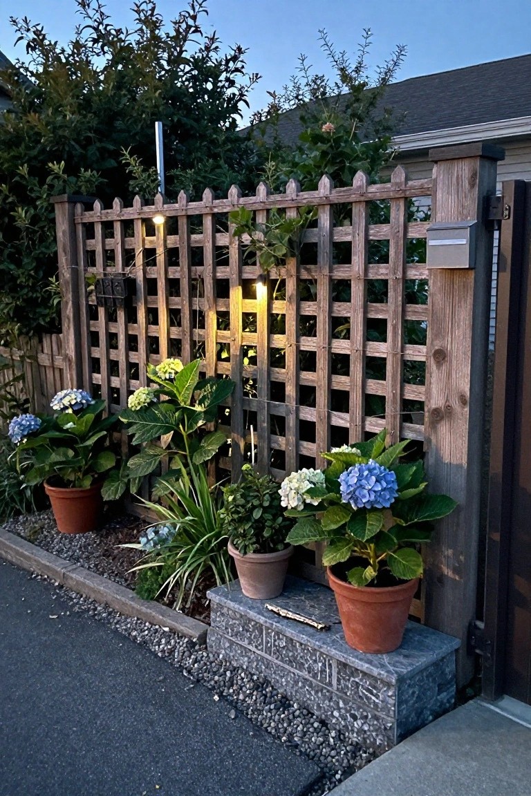 Potted blue and white hydrangeas beside wooden lattice fence with string lights
