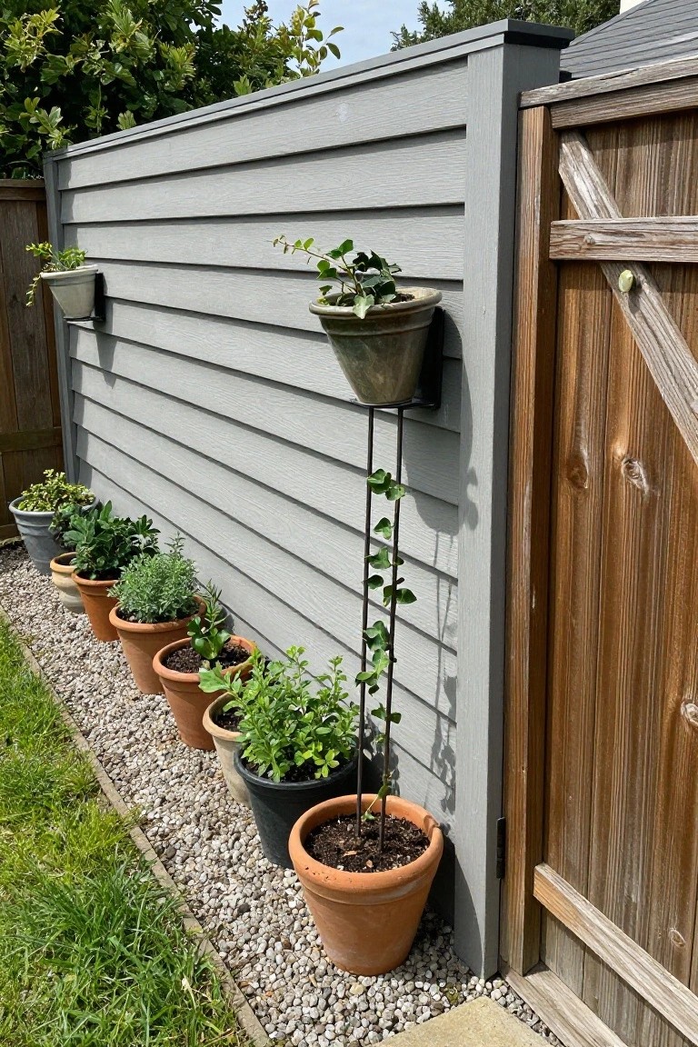 A gray fence with terracotta and black pots lined along its base, one plant climbing a thin metal support, next to a wooden gate.