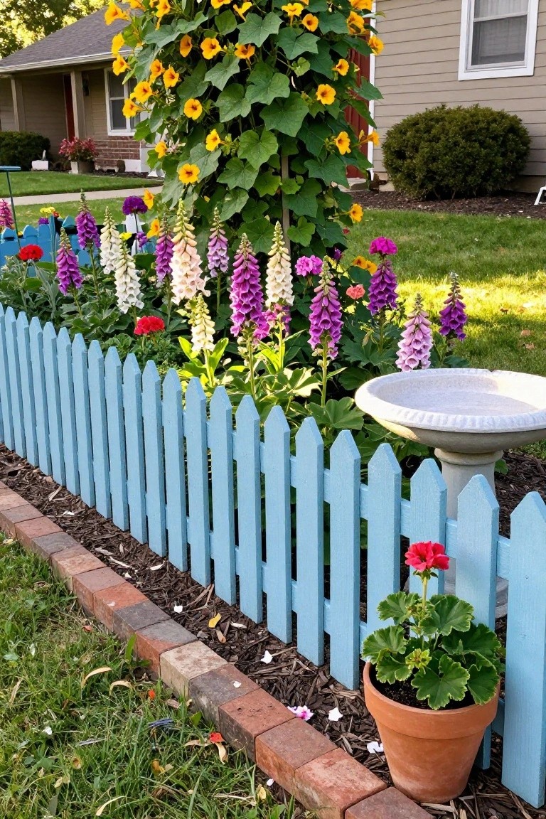 A light blue wooden picket fence borders a mulched flower bed with tall foxgloves in purple, white, and pink tones, along with a terracotta pot holding a red geranium.