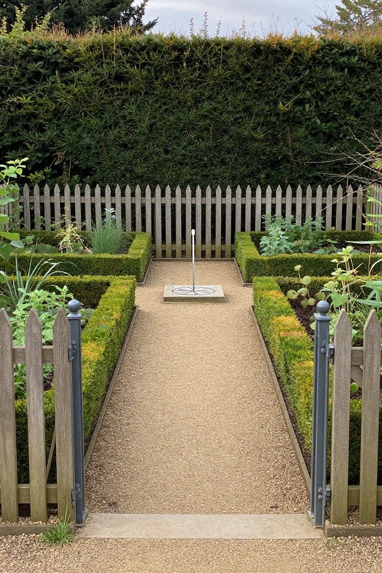 Formal garden with gravel path, boxwood hedges, picket fence and sundial