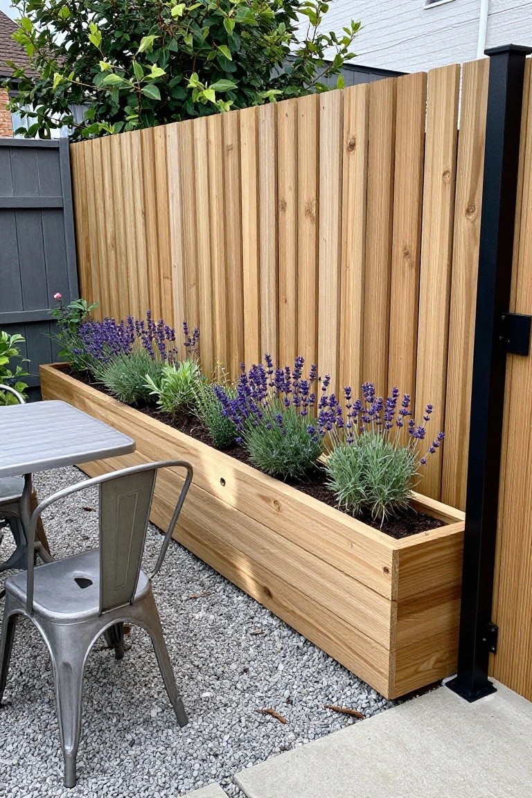 A long wooden raised planter filled with lavender and green plants sits against a tall vertical wood fence on a gravel surface next to metal outdoor chairs.