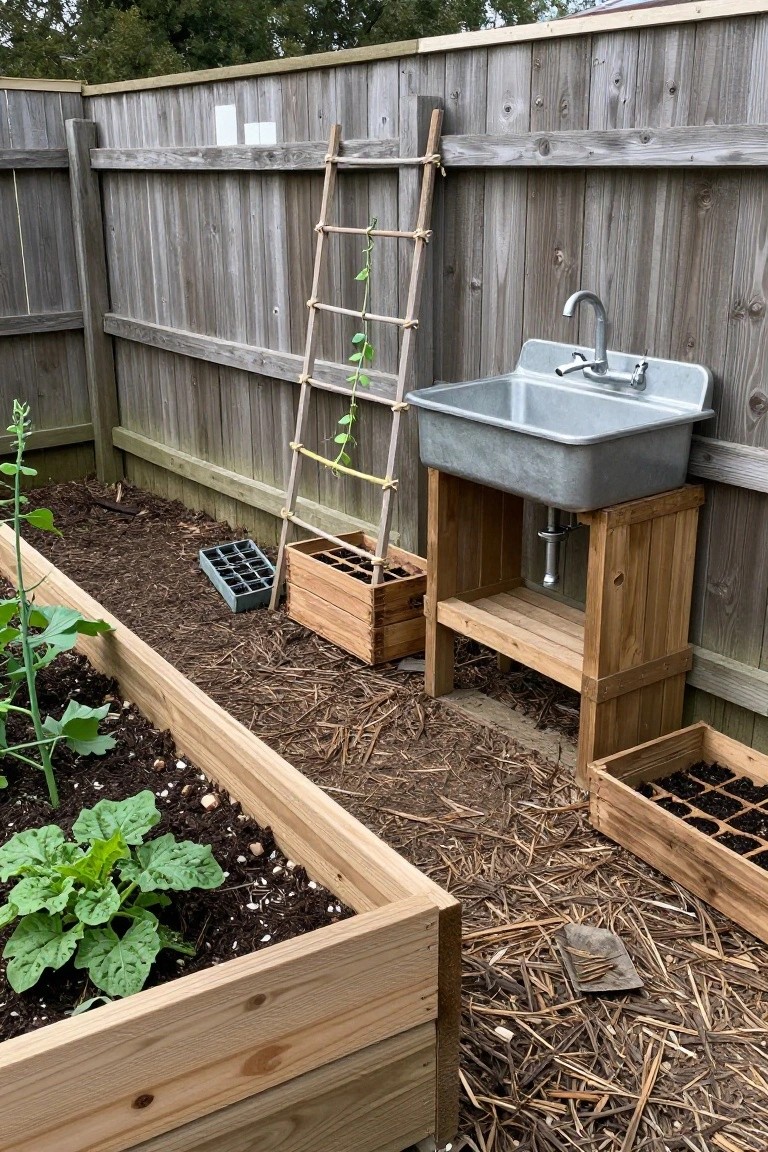 A backyard garden with wooden raised beds, a wooden fence, a metal sink on a stand, and seedling crates on the ground.