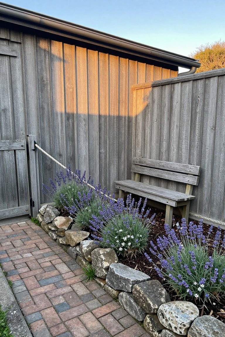 Wooden bench beside blooming lavender along a stone-lined brick path by a shed