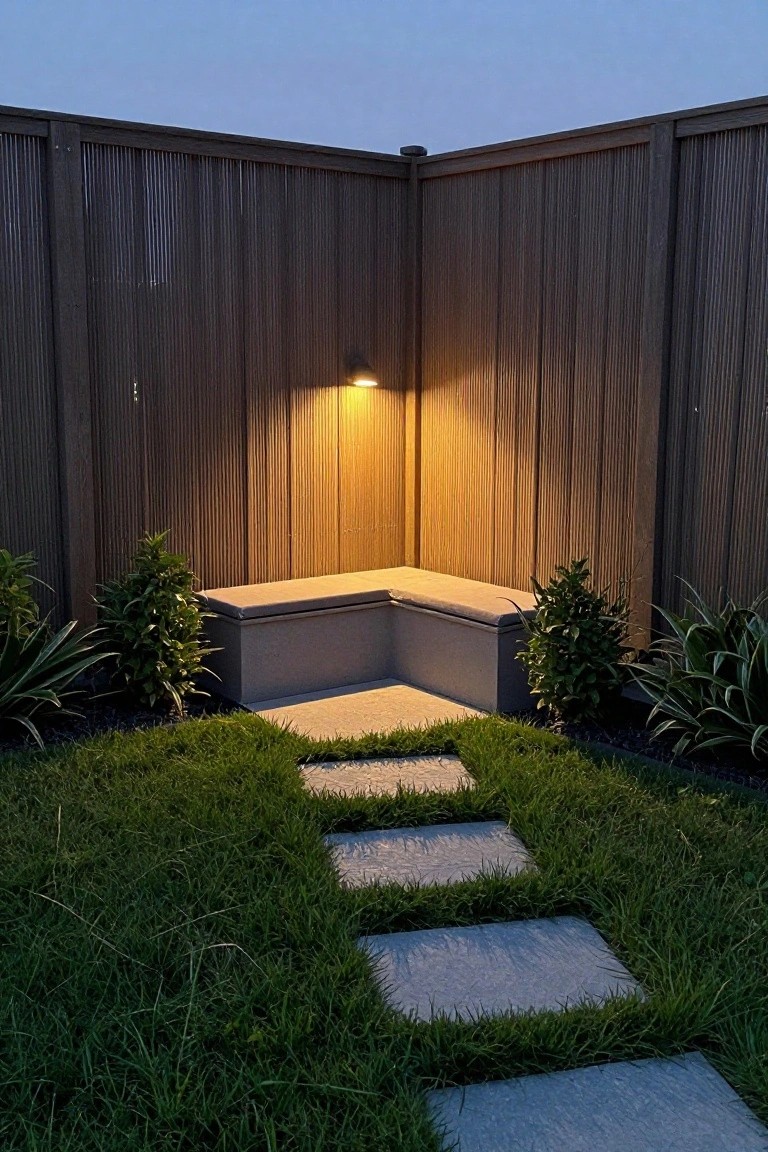 Modern backyard corner with lit bench, wooden fence, stone path, and plants at dusk