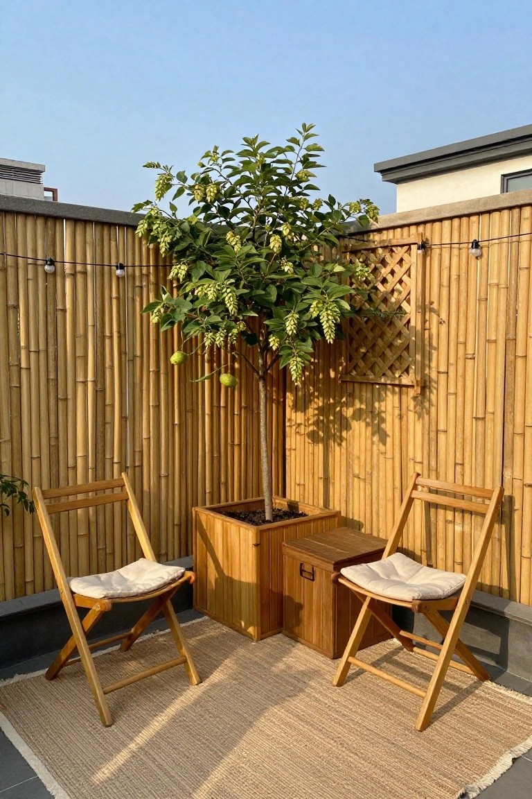 Two wooden folding chairs sit on a woven rug in front of a bamboo fence, with a large wooden planter holding a small tree positioned between them.