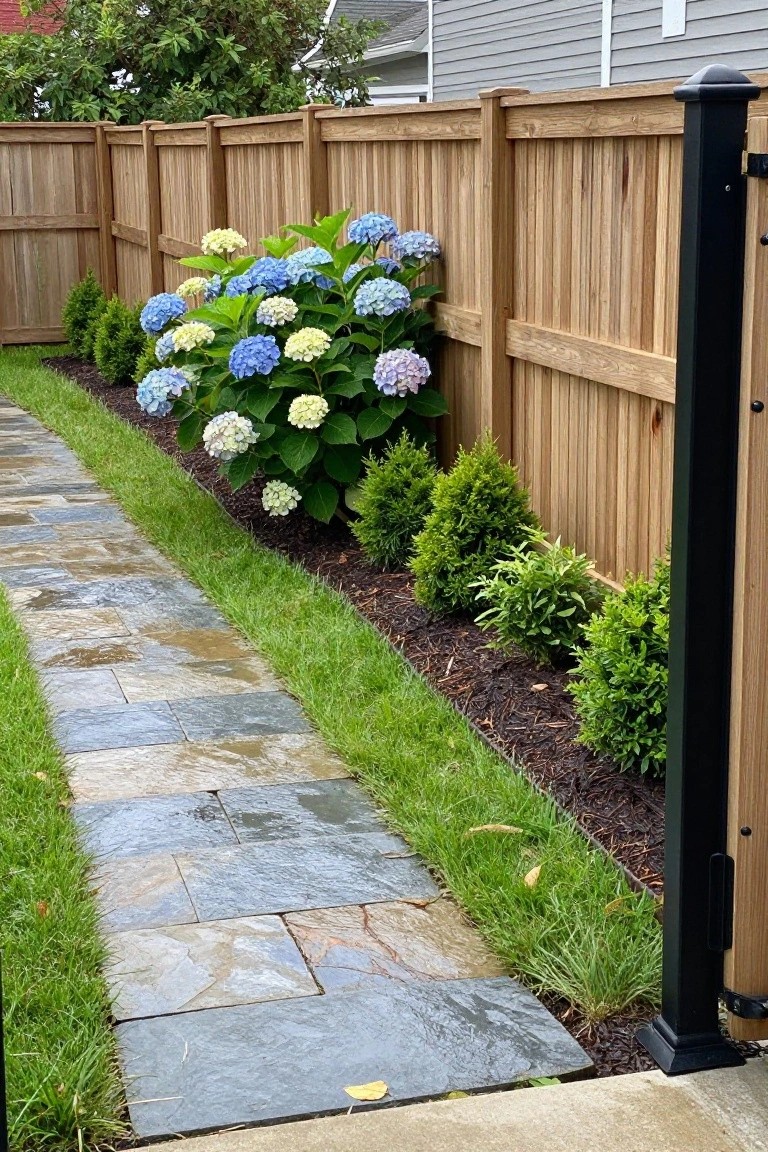 A stone path borders a mulched garden bed with blue and white hydrangeas and green shrubs in front of a tall wooden fence.