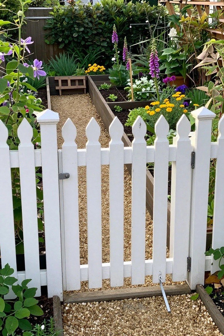 A white wooden picket fence with pointed posts and a gate borders raised garden beds filled with flowers and gravel paths.