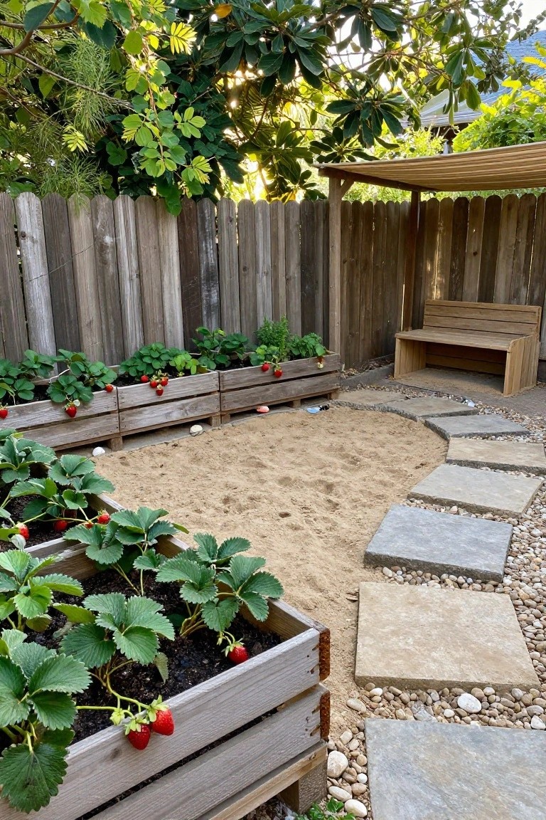 A backyard garden features multiple raised wooden beds planted with strawberries positioned in front of a tall wooden fence, with a curved stone path running through a sandy area.
