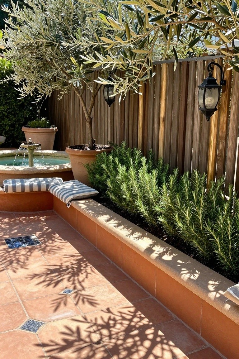 A terracotta-tiled patio with a wooden fence, raised planting bed of rosemary shrubs, terracotta pots, and a small fountain in the background.