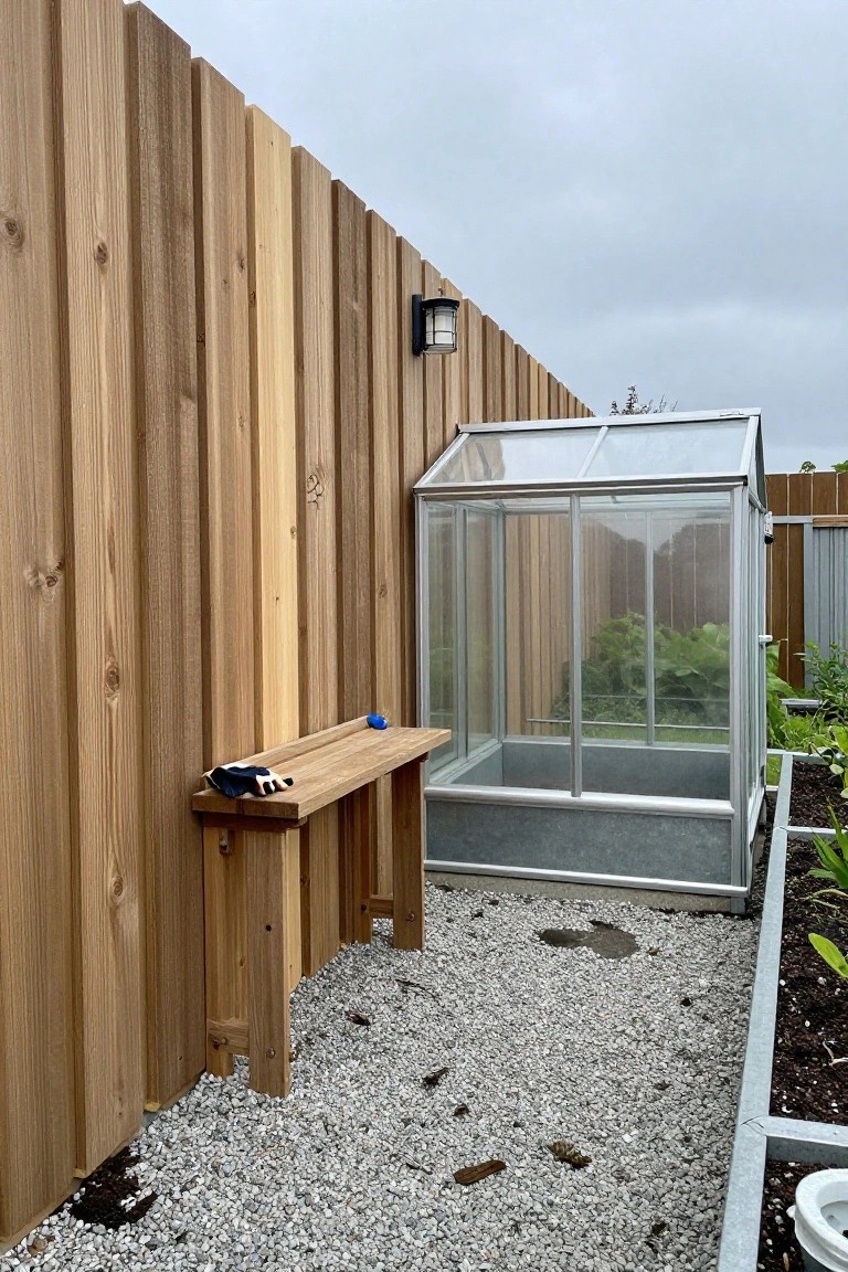 A garden area with a tall vertical wood fence, gravel surface, wooden bench, and small greenhouse beside raised beds.