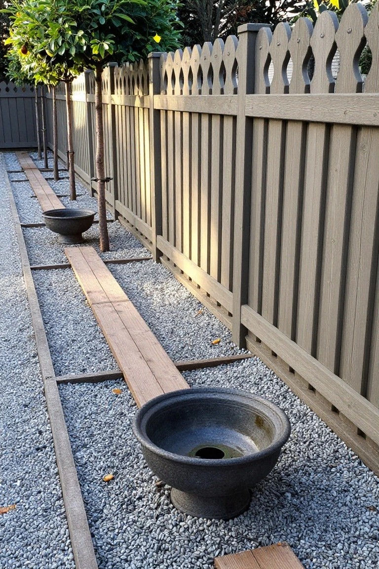 Gray wooden fence borders gravel with stone bowls and wooden planks.